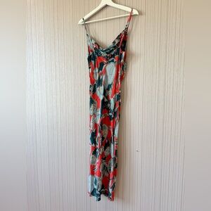 Sleeveless Floral Maxi Slip Dress in Coral and Teal